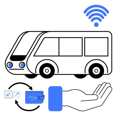 Kablosuz, giyilebilir ödeme cihazı, el hareketi ve teknoloji güncelleme döngüsüne sahip akıllı bir otobüs. Ulaşım, ödeme, teknoloji, bağlantı, hareketlilik modern yaşam tarzı ve sade yaşam için ideal