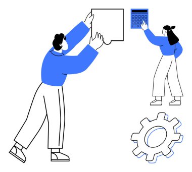 İki kişi problem çözmekle meşgul, biri bulmaca parçası tutuyor, diğeri de hesap makinesi kullanıyor, dişlinin yanında. İşbirliği, strateji, işbirliği, takım planlaması, yenilik için ideal