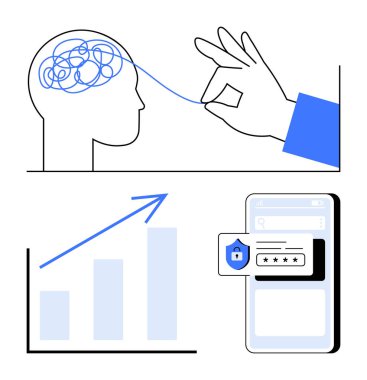 El kafadaki düşünceleri çözer, ok ile yükselen bar çizelgesi, güvenli akıllı telefon arayüzü. Sorun çözme, büyüme stratejisi, güvenlik, teknolojik yenilik, dijital pazarlama, kişisel veri