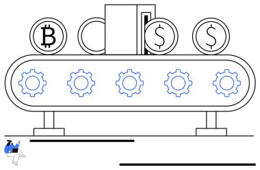 Şifreli para ve dolar sikkeleri üreten dişli taşıma bandı. Fintech, yenilik, otomasyon, engelleme zinciri, dijital para birimi, verimlilik ve teknoloji için ideal. Düz basit metafor