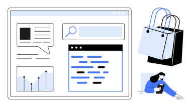 Arama çubuğuyla e-ticaret arayüzü, sohbet balonu, grafik, metin blokları, alışveriş torbaları, tablet kullanan kadın. Çevrimiçi alışveriş, dijital pazarlama, kullanıcı arayüzü tasarım veri analiz aracı için ideal