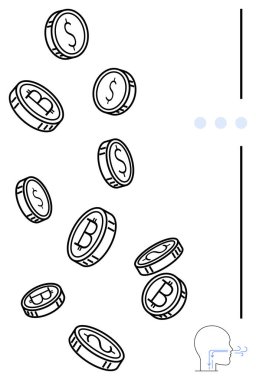 Bitcoin ve dolar sikkeleri asgari çizgilerle dikey olarak düşüyor, kripto para, finans, yatırım ve zenginlik ile iletişim kuruyor. Dijital finans, ticaret ve para işlemleri için ideal