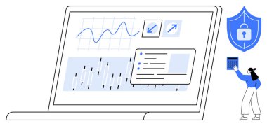 Bilgisayarda grafikler, analitik gösterge paneli ve yakınlarda güvenlik kalkanı ve kilit olan veri tabloları var. Teknoloji, güvenlik, analitik, veri izleme, risk yönetimi, iş güvenliği için ideal