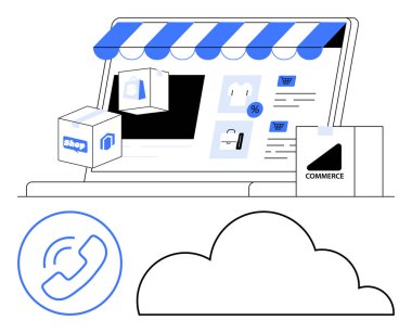 Depo arayüzü, alışveriş poşetleri, paketler, bulut çizgisi ve telefon ikonu olan dizüstü bilgisayar ekranı. E-ticaret, online alışveriş, perakende satış hizmeti iletişim pazarlama girişimi için ideal. Düz