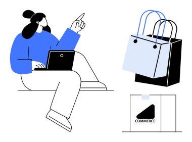 Alışveriş poşetleri ve ticari etiketi işaret ederken bir dizüstü bilgisayar kullanan kişi, çevrimiçi perakendeciyi sembolize ediyor. E-ticaret, çevrimiçi alışveriş, dijital pazarlama, perakende, tüketici davranışı için ideal