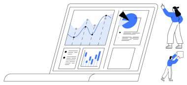 Bir dizüstü bilgisayar ekranında karakterlerle etkileşen dijital çizelgeler ve grafikler. Veri analizi, takım çalışması, rapor oluşturma, istatistik, iş çözümleri, yenilik, düz basit