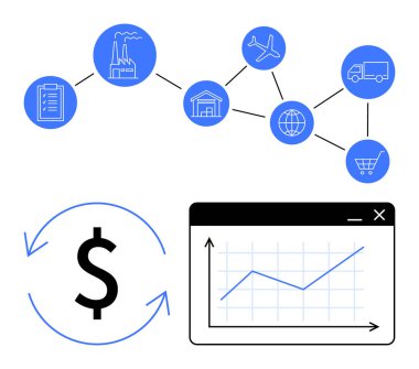 Fabrika, ulaşım ve alışveriş arabası analitik şeması ve finans için para birimi sembolü de dahil olmak üzere tedarik zinciri simgelerinin akış şeması. Lojistik, finans, veri, iş, ticaret ve üretim için ideal