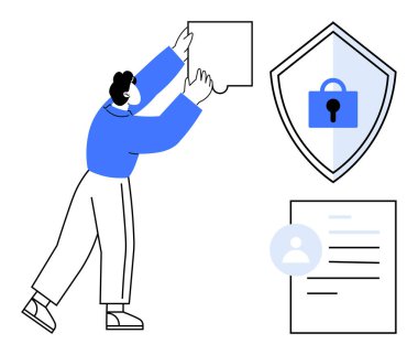 Kalkanın yanındaki kağıtta kilit ve kullanıcı profili belgeleri gizlilik sinyali veriyor. Veri güvenliği, kişisel bilgi, güvenlik, siber güvenlik, kimlik yönetimi, mahremiyet için ideal