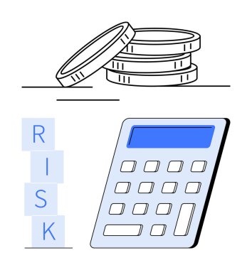 Bozuk paralar, hesap makinesi ve istiflenmiş RISK blokları mali analiz, karar verme, yatırım, bütçe planlaması iletilir. Ekonomi, iş stratejisi, risk değerlendirmesi para yönetimi için ideal