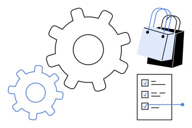 Sistem verimliliği için vitesler, alışverişi sembolize eden alışveriş torbaları ve görev ve öncelikleri belirten bir kontrol listesi. E-ticaret, üretkenlik, organizasyon, planlama, iş stratejisi için ideal