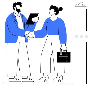 Evrak tutan adamla evrak çantalı kadın arasındaki tokalaşma ortaklığı simgeliyor. İşbirliği, takım çalışması, müzakere, iş anlaşması, güven, ortaklık anlaşması için ideal. Düz basit