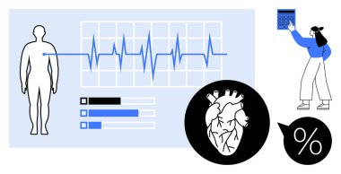 İnsan silueti, kalp atışı grafiği, kalp grafiği, yüzde işareti, tabletli rakam. Sağlık, zindelik, veri analizi, tıbbi araştırma istatistikleri kardiyoloji eğitimi için ideal