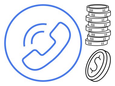Ses dalgaları ve para yığınına sahip telefon ikonu iletişim ücretini, karlılığı veya finansal işlemleri sembolize ediyor. İş, telekom, fatura, ödemeler, müşteri hizmetleri, teknoloji için ideal