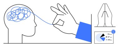 Kafa karışıklığı, problem çözme ve berraklığı temsil ediyor. Dua eden eller ve dikkat, strateji, stres atma ve liderlik için pasta grafiği içeriyor. Ruh sağlığı için ideal