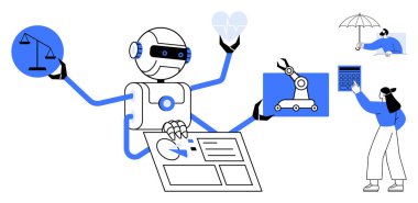 Denge ölçeği, kalp grafiği, robot kolu ve finansal planlaması olan robotlar. Şemsiyeli ve hesap makineli kadın koruma ve hesaplamayı ön plana çıkarıyor. Yapay zeka, gelecek ve otomasyon için ideal.