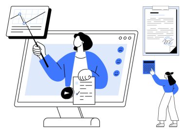 Ekranda grafik ve verilerle çevrimiçi sunum yapan kişi, belgeyi inceleyen ve hesaplayan başka bir kişi. Eğitim, iş, eğitim, dijital araçlar, takım çalışması, üretkenlik için ideal