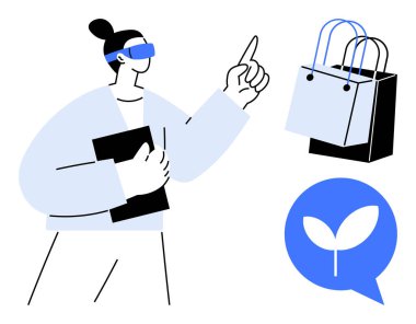 Sanal gerçeklik gözlüğü takan, elinde tablet olan bir kadın, alışveriş torbalarını ve yapraklı bir çevre dostu sohbet baloncuğunu işaret ediyor. Teknolojik yenilikler, online alışveriş, sürdürülebilirlik için ideal