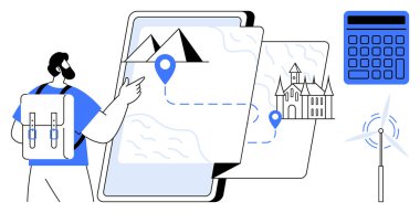 Sırt çantalı biri, rotalı dijital haritayı işaret ediyor. Dağları, yerleri, rüzgar türbini ve hesap makinesini gösteriyor. Keşif, seyahat, eko-turizm, navigasyon planlama teknolojisi için ideal