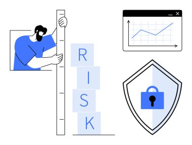 Risk seviyelerini ölçen adam, veri eğilimlerini gösteren grafikler ve asma kilit simgesiyle kalkan. Risk yönetimi, veri güvenliği, iş analizi, mali planlama, siber güvenlik, stratejik