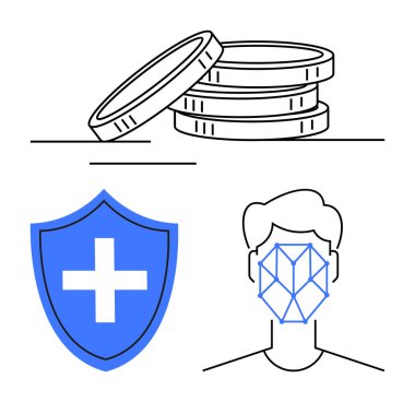 Birikmiş madeni paralar, tıbbi haçlı kalkan ve yüz tanıma sistemi güvenlik, sağlık, finans ve dijital kimlik kavramı. Sigorta, fintech ve yapay zeka güvenliği için ideal.