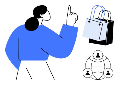 Kadın alışveriş çantalarını ve insan ikonlarından oluşan bir ağı işaret ediyor. Konseptler için idealdir Online alışveriş, e-ticaret, bağlantı, takım çalışması, dijital pazarlama, sosyal ağlar, iş dünyası