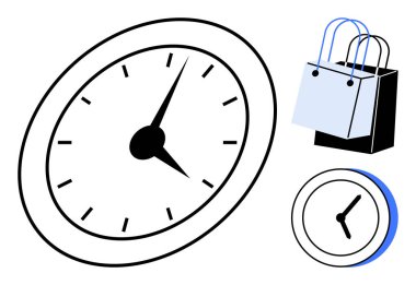 Saatli ve dakikalı saatler, yanında alışveriş torbaları. Zaman yönetimi, dakiklik, perakende programları, alışveriş etkinlikleri, tüketici alışkanlıkları, günlük planlama verimliliği için idealdir. Basit soyut çizgi