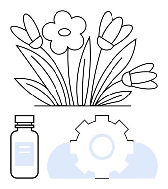 Tomurcuk ve tomurcuklu çiçekler, küçük ilaç şişesi ve çark doğa, sağlık ve teknoloji füzyonunu akla getiriyor. Sağlık, biyomühendislik, yenilik, ekolojik teknoloji sağlığı için ideal