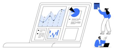 İşbirliği yapan insanlarla birlikte grafikleri, çizelgeleri ve panelleri gösteren dizüstü bilgisayar. Analiz, takım çalışması, sunum, işbirliği, veri görselleştirme büyüme teknolojisi için idealdir. Düz basit