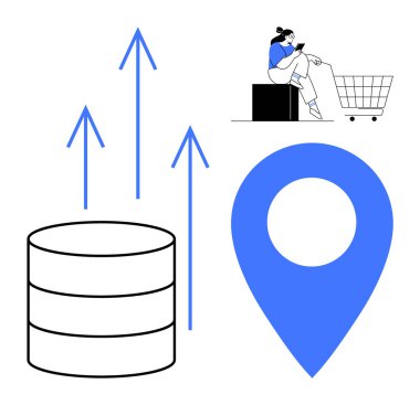 Veri depolama, yukarı doğru oklar, lokasyon iğnesi, telefondaki verileri analiz eden bir alışveriş arabası. Dijital pazarlama, satış büyümesi, konum hedefleme, çevrimiçi alışveriş, veri analiz işi için ideal