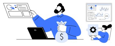 Profesyonel inceleme çizelgeleri, para çantası, finansal yazılım sunumu. Yatırım, iş stratejisi, veri analizi, mali planlama, bütçe oluşturma, yazılım düzeyi metaforu için ideal