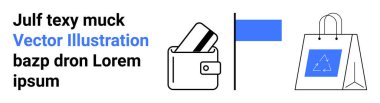 Kredi kartlı cüzdan, mavi bayrak, geri dönüşüm sembollü alışveriş çantası ve sans-serif yazı tipi yer tutucu metni. Dijital ödemeler, alışveriş, sürdürülebilirlik, tasarım şablonları, modern