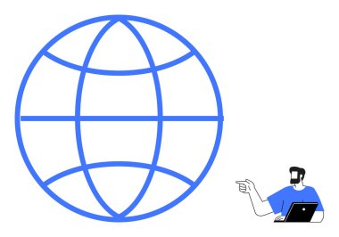 Büyük küreyi gösteren dizüstü bilgisayarı olan adam küresel iletişimi, bağlantıyı ve uluslararası erişimi simgeliyor. Küreselleşme, teknoloji, ağ, eğitim ve dijital temalar için ideal