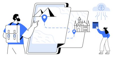 Tablet ekranındaki navigasyon haritasına işaret eden sırt çantası, işaretleri ve güzergahlar gösterildi, dijital araçlar kullanan kadın. Seyahat planlama, turizm, navigasyon, teknoloji, keşif, gezi için ideal