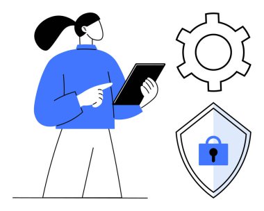Tableti tutan ve işaret eden kadın, vites simgesi, kilidi olan kalkan güvenliği temsil ediyor. Teknoloji, siber güvenlik, sistem bakımı, dijital kimlik, veri koruması, İnternet güvenliği için ideal