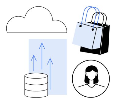 Bulut deposu, veritabanı yığını, alışveriş torbaları ve kullanıcı profili, yükselen mavi oklar. E-ticaret, bulut hesaplama, pazarlama, müşteri ilişkileri veri analizi iş büyümesi teknolojisi için ideal