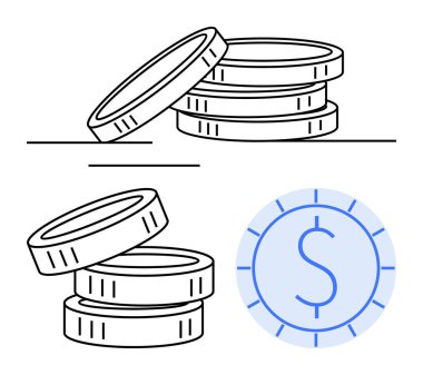 Birikimleri, yatırımları, gelirleri, ticareti, ekonomiyi, bankacılığı ve ticareti temsil eden bir çember içinde 1 dolar işaretli paralar yığılmış. Para yönetimi kavramları için ideal, düz basit metafor