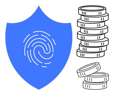Siber güvenliği, veri korumasını ve finansal güvenliği temsil eden bozuk paraların yanında, kalkanda parmak izi var. Güvenlik, finans, güven, teknoloji, şifreleme teması için ideal. Düz