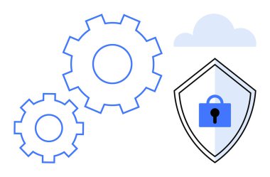 Siber güvenlik için kilit sembolü ve bulut simgesi olan bir kalkanla birlikte mekaniği temsil eden birbirine bağlı dişliler. Teknoloji, güvenlik, otomasyon, bulut hizmetleri, veri koruması ve bilişim için ideal