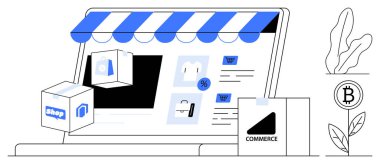 Mağaza vitrinli dizüstü bilgisayar, ürünler, alışveriş arabası, ambalaj, kripto para birimi sembolü. E-ticaret, çevrimiçi alışveriş, pazarlama, dijital ödemeler, teknoloji perakende girişimciliği için ideal