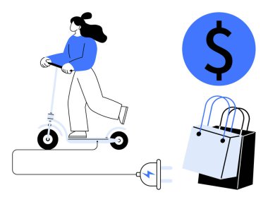 E-scooter 'a binen kişi, elektrik prizi, alışveriş torbaları ve dolar işareti. Sürdürülebilir ulaşım, çevre dostu alışveriş, kentsel hareketlilik, e-ticaret, alışveriş tasarruf parası yeşil teknoloji