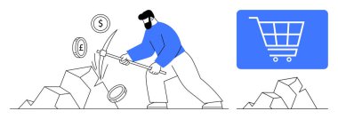 Bir adam, alışveriş arabası ikonunun bitişiğindeki döviz sembollerini çıkarmak için taşlara kazmayla vuruyor. E-ticaret, finans, yatırımlar, kaynak, yenilik, strateji çevrimiçi pazarı için idealdir. Düz