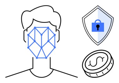 Yüz tanıma sistemi olan erkek yüzü, kilit sembollü kalkan, bozuk para. Siber güvenlik için ideal, dijital kimlik doğrulama, gizlilik koruması, finansal teknoloji, engelleme zinciri yapay zeka yeniliği. Soyut