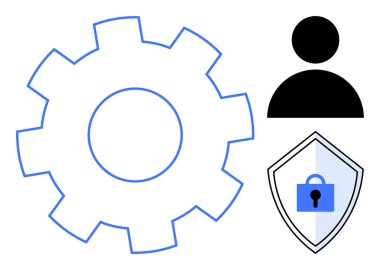 Kilitli bir kalkanın yanında vites ve kullanıcı simgeleri. Temel temalar ve kavramlar siber güvenlik, kullanıcı yönetimi, teknik destek, veri koruması, sistem ayarları, erişim kontrolü, çevrimiçi güvenlik için idealdir