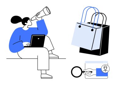 Dizüstü bilgisayar, alışveriş poşetleri ve tarayıcı vitrininde büyüteç kullanan bir kadın. Alışveriş, e-ticaret, çevrimiçi arama, pazar araştırması, tüketici davranışı, dijital