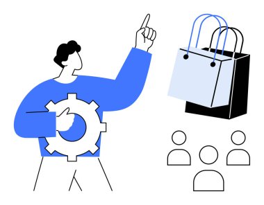 Elinde teçhizat olan bir işadamı yakınlardaki üç rakamlı alışveriş çantalarına bakıyor. E-ticaret, pazarlama, tüketici davranışı, iş stratejisi, takım çalışması, çevrimiçi alışveriş ve yenilik için ideal