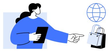 Elinde bir tablet bulunan kişi, çevrimiçi alışveriş, küresel ticaret ve dijital işlemleri sembolize eden bir dünya ve alışveriş çantalarına işaret ediyor. E-ticaret, İnternet perakendecisi, küresel pazar ve teknoloji için ideal