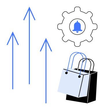 Üç tane yukarı doğru mavi ok, içinde uyarı zili olan dişliler ve iki tane alışveriş çantası. E-ticaret büyümesi, çevrimiçi alışveriş eğilimleri, iş başarısı, perakende piyasa analizi, tüketici davranışı için ideal
