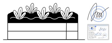 Toprak katmanlarıyla filizlenen bitkilerin kesişimine analitik ve veri akışı görselleri eşlik ediyor. Sürdürülebilirlik, tarım, çevre, büyüme, teknoloji, araştırma ekolojisi için idealdir. Düz