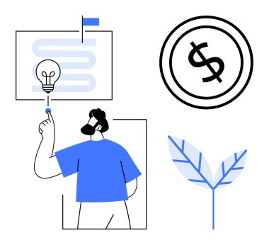 Lamba yeniliği sembolize eder, insan ilerleme çizelgesine işaret eder, finans için dolar parası, büyüme için yaprak. Yaratıcılık, iş stratejisi, sürdürülebilirlik, kaynaklar ve finansman ilerlemesi için ideal