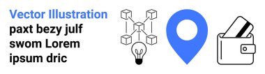 Bağlı küplere, parlak ampullere, büyük mavi lokasyon iğnesine ve kredi kartlı cüzdana sahip blockchain ağının taslağı. Teknoloji, dijital güvenlik, yenilik, finans ve bankacılık için ideal
